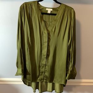 H&M Conscious Silk Feel Olive Green V-Neck Top Blouse Size 6